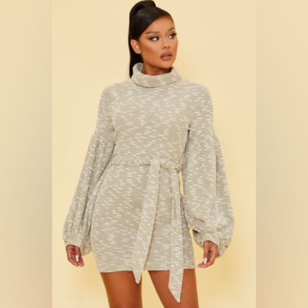 Gray High Neck Sweater with Balloon Sleeves Dress